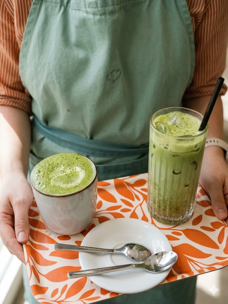 Servicekraft trägt Tablett mit heißem Matcha Latte und Iced Matcha im Cafe de Villa