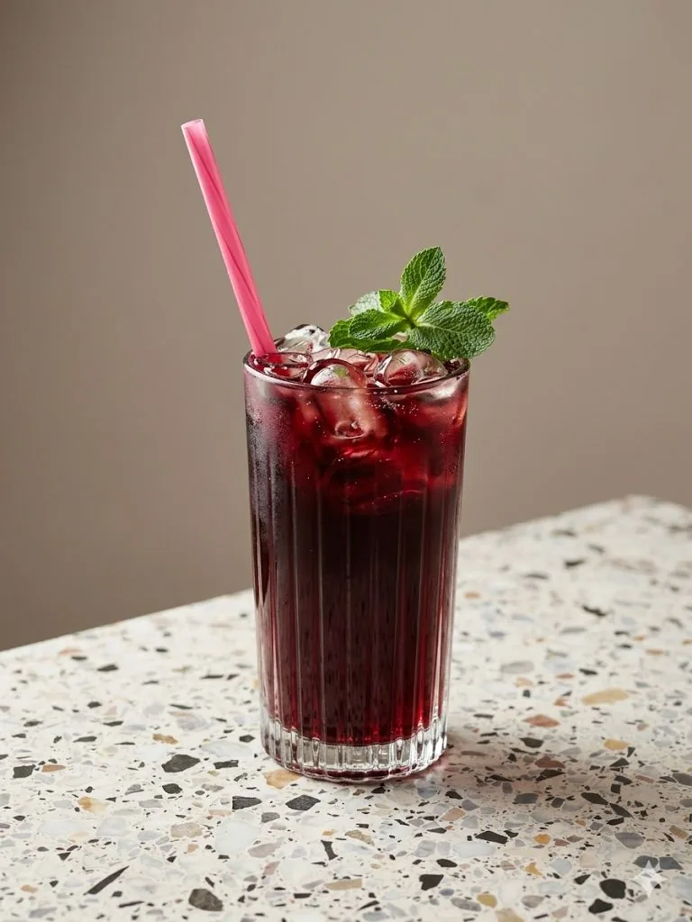 Dunkelroter Eistee mit Minzgarnitur und rosa Strohhalm im Longdrinkglas