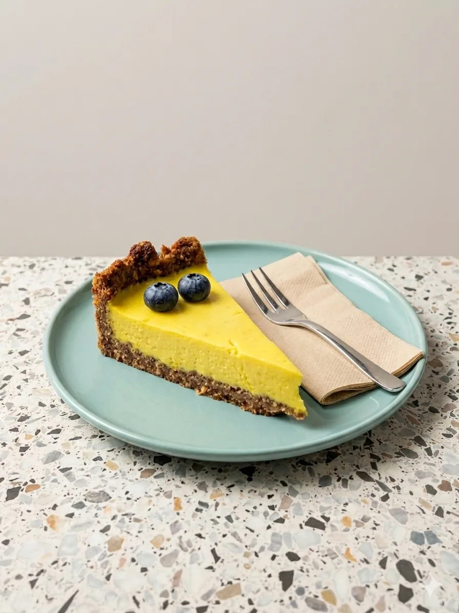 Stück Zitronen-Tarte mit Nussboden und Blaubeeren auf mintgrünem Teller im Cafe de Villa