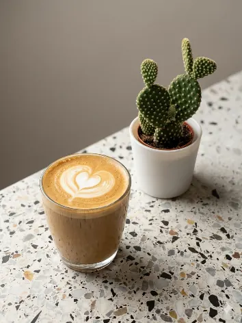 Tasse Spezialitätenkaffee mit Latte-Art im Café de Villa Wedel